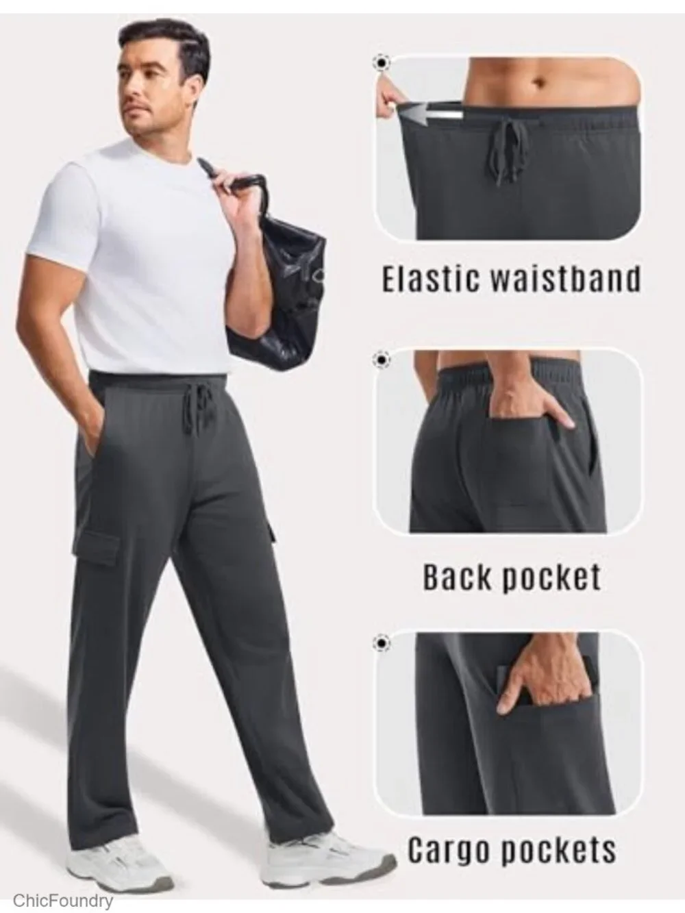 Men's Cargo Sweatpants Pockets Open Bottom Baggy Cotton Jogger Uncuffed Lounge
